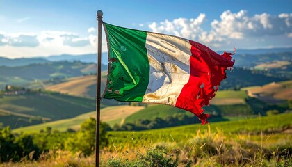 Waving Italian Flag in a Tuscan Landscape Under Blue Sky