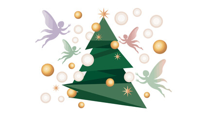 Enchanted Christmas Celebration: A whimsical Christmas tree, adorned with shimmering ornaments, twinkles with magic. Graceful fairies flutter around.