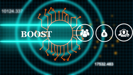 Digital boost concept with futuristic data charts and icons representing growth success and technology
