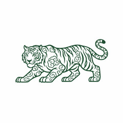 Obraz premium A detailed green illustration of a tiger walking, decorated with swirls in the style of clouds