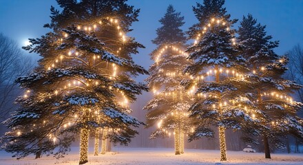 Winter wonderland with snowy pine trees adorned with festive fairy lights