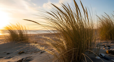 Golden hour illuminates tranquil beach grass at sunset, casting a warm glow across the sandy shore...