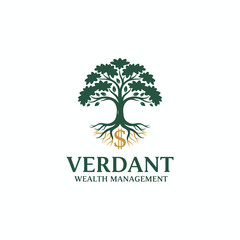 Obraz premium A logo featuring a verdant tree with roots, with dollar sign in roots, above 