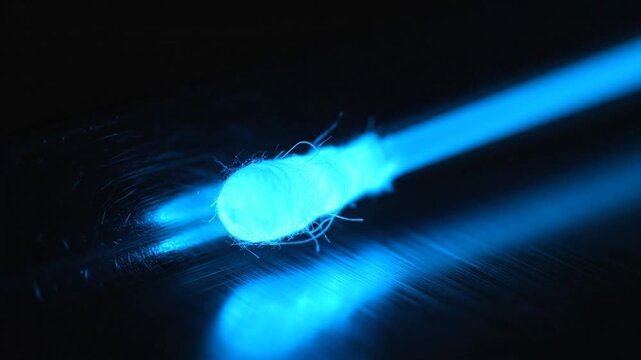 Close Up Macro Shot of a Glowing Cotton Swab With Fibers Illuminated by Neon Blue Light on a Dark Reflective Surface Showing Detail and Texture