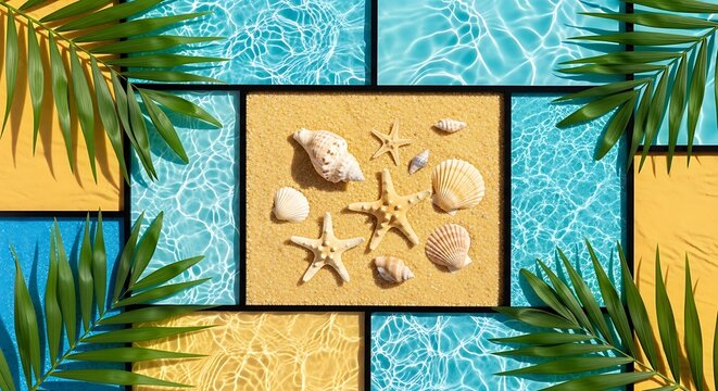 Seashells and starfish on sand and water background with palm leaves