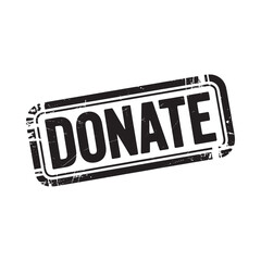 Black and white stamp graphic with the word donate