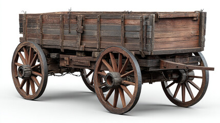 Fototapeta premium A rustic wooden wagon with large spoked wheels sits on a plain white background studio