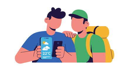 Fototapeta premium Friends Traveling Together Checking Weather Information For Forecasted Adventures