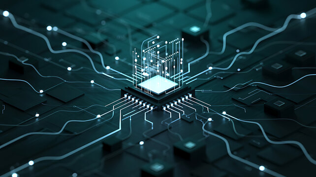 The blue electronic circuit board is a foundation of modern technology, featuring intricate digital circuit design and a powerful processor chip