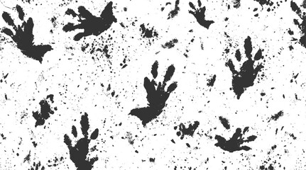 Black paw prints and splatters on white background seamless pattern animal track