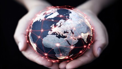 Hands holding glowing Earth with interconnected red network lines at night globe world