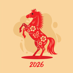 Festive Red Horse Illustration with Floral Patterns for Chinese New Year 2026.