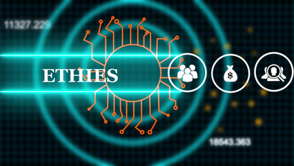 Businessman pressing an Ethics concept button. holographic advanced HUD circle platform Business, Technology, Internet and network concept animate