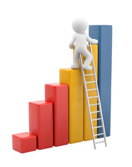 3d man climbing ladder up ascending bar graph representing growth and success
