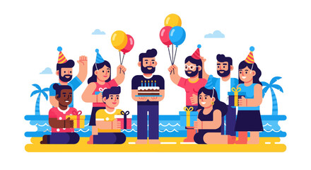 Group Of Friends Celebrating a Birthday Party Outdoors with Presents and Balloons