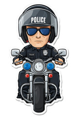 Cartoon police officer riding a motorcycle wearing a helmet and sunglasses