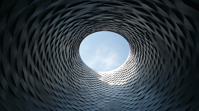 Dark patterned tunnel opening to blue sky architectural circular