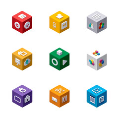 Collection of colorful isometric cubes with icons representing different digital services