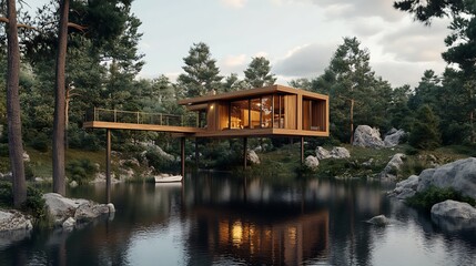 Modern wooden house on stilts over a lake surrounded by lush forest