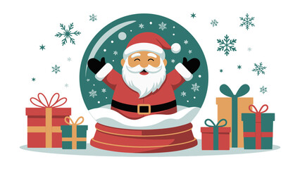 Christmas cheer: A jolly and cute Santa Claus figure emerges from a snow globe, his arms wide in festive glee, surrounded by snowflakes and an array of colorful wrapped gift boxes.