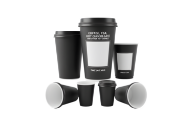Black paper cup designed for coffee, tea, chocolate, and other hot beverages. Mockup of a plastic party cup. Set of disposable cups. Front view of take-out mugs with space for your design.