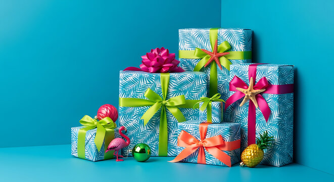A vibrant collection of blue gift boxes with colorful ribbons and festive decorations against a bright blue background.