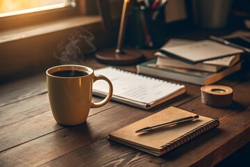 A steaming cup of coffee sits on a wooden desk next to notebooks and pens