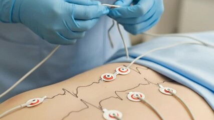 Close-Up of Medical Professional Attaching EKG Leads to Patient's Chest in Preparation for Diagnostic Cardiac Monitoring with Blue Gloves on White Background - Powered by Adobe