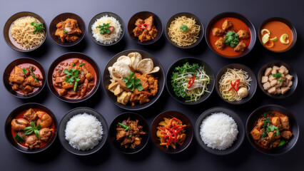 A top-view display of assorted Indonesian dishes—rice, noodles, curries, and vegetables—served in black bowls with vibrant colors against a dark background.
