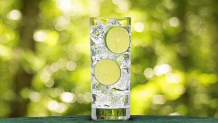Tall Glass of Water with Ice Cubes and Lime Slices Against Blurred Green Bokeh Background drink