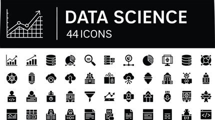 Monochromatic and simple set of data science icons, representing big data, machine learning, analytics, database, cloud computing, and statistics concepts, designed in a bold glyph style.