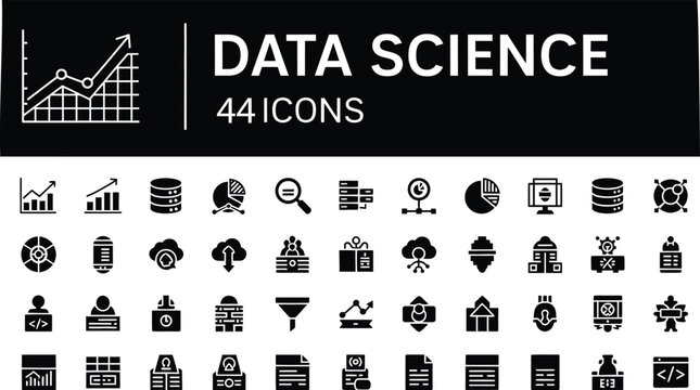 Monochromatic and simple set of data science icons, representing big data, machine learning, analytics, database, cloud computing, and statistics concepts, designed in a bold glyph style.