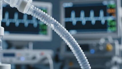 Close Up of Ventilator Tubing Connected to Medical Equipment Displaying Heart Rate in a Hospital Intensive Care Unit Monitoring Patient Condition Vitals 172 chars - Powered by Adobe