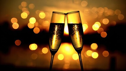 Two champagne flutes clinking together at sunset with bokeh lights glasses celebration