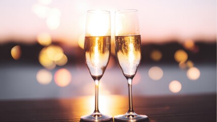 Two champagne flutes filled with bubbly liquid at sunset with bokeh lights glasses celebration