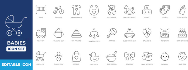 Baby feeding and care thin outline icon set featuring nursing, childbirth, children, colourful, diaper, sleep, toys, and parenting essentials.