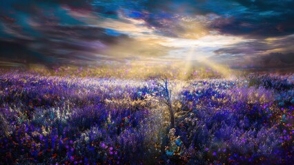 Vibrant Field of Purple Flowers Under Sunbeams and Dramatic Sky lavender meadow