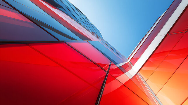 Striking red and blue glass facade reflecting bright sky modern architecture glass building