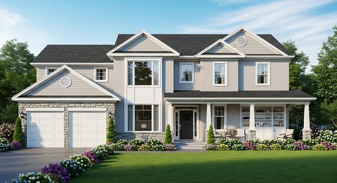 A multi-story house featuring a gabled roof, large windows, and a covered porch. Landscaping includes trees, bushes, and a well-manicured lawn - Powered by Adobe