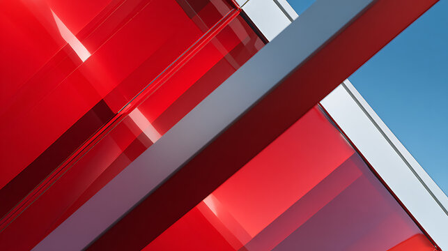 Vivid red geometric planes against clear blue sky abstract architecture