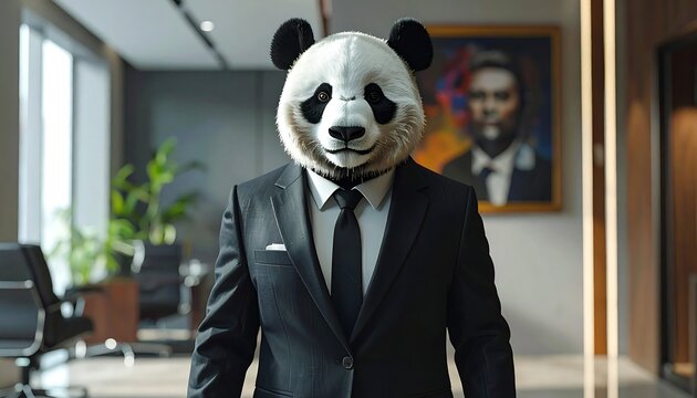 A business professional, wearing a panda mask and suit, stands confidently in a modern office. A painting hangs on the wall behind
