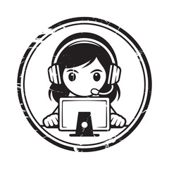Cartoon operator wearing headphones and working at a computer