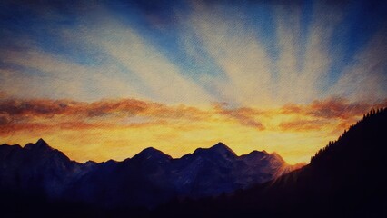 Watercolor painting of mountain range at sunrise with sun rays artwork illustration