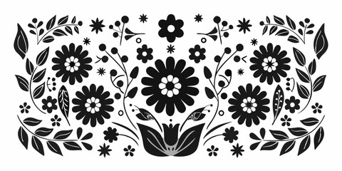 Black and white folk art floral pattern with stylized flowers and leaves on a white background © Piku