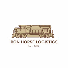 A tan-colored freight locomotive illustration with dark outline and text on white background