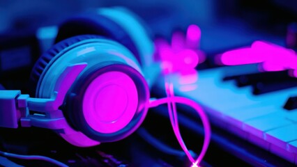 White headphones with pink and blue neon lights on a keyboard audio sound