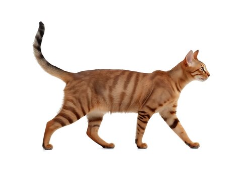Ginger tabby cat walking with tail up against white background - Powered by Adobe