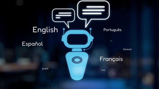 A futuristic robot assistant is showcasing its ability to communicate in multiple languages, illustrating advanced technology and user interaction in a modern environment. Synapse