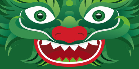 Vibrant green dragon face with red nose and sharp white teeth in a fierce expression