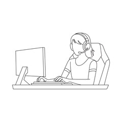 Young woman wearing headphones playing video games at a computer